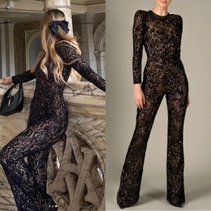Nadine Merabi Bella Jumpsuit in Black Floral Lace